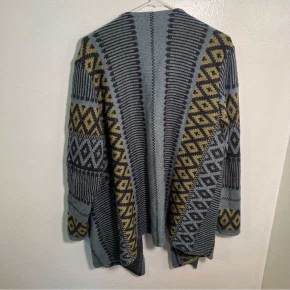 J. Jill Open Front Waterfall Cardigan Blue Green Geometric L - Picture 7 of 12
